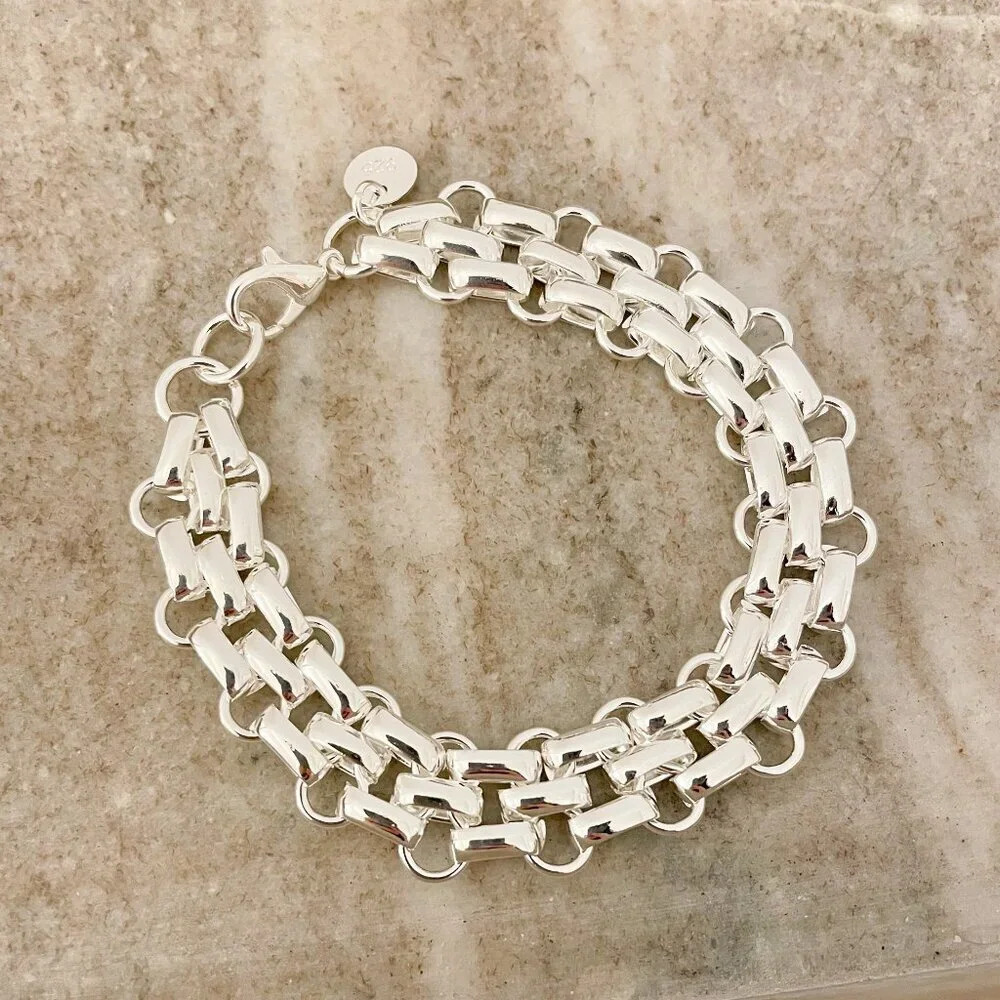 925 Sterling Silver Chunky Chain Link Bracelet Silver Large Link Bracelet - Picture 3 of 6